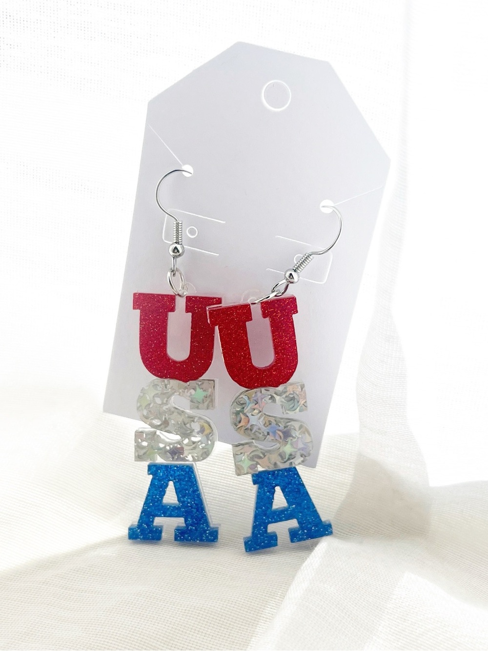 Red White and Blue USA Glitter Letter Earrings - New!